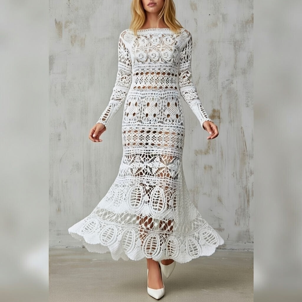 Handmade Irish Lace Wedding Dress – Crochet White Maxi Cotton Bridal Boho Gown