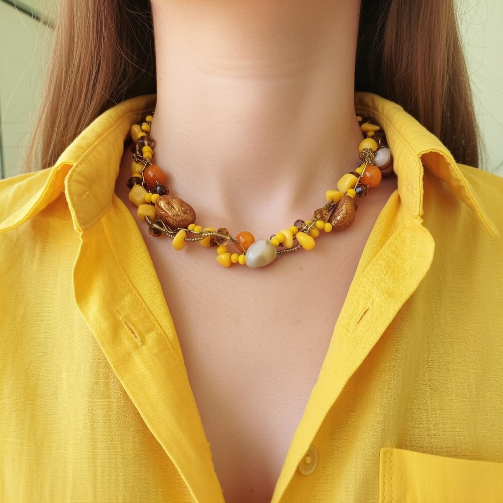 Multi Strand Yellow Agate Necklace – Jade & Jadeite Beaded Statement Necklace, 14K Gold Filled Stainless Steel Chain, 16 Inch Handmade Jewelry