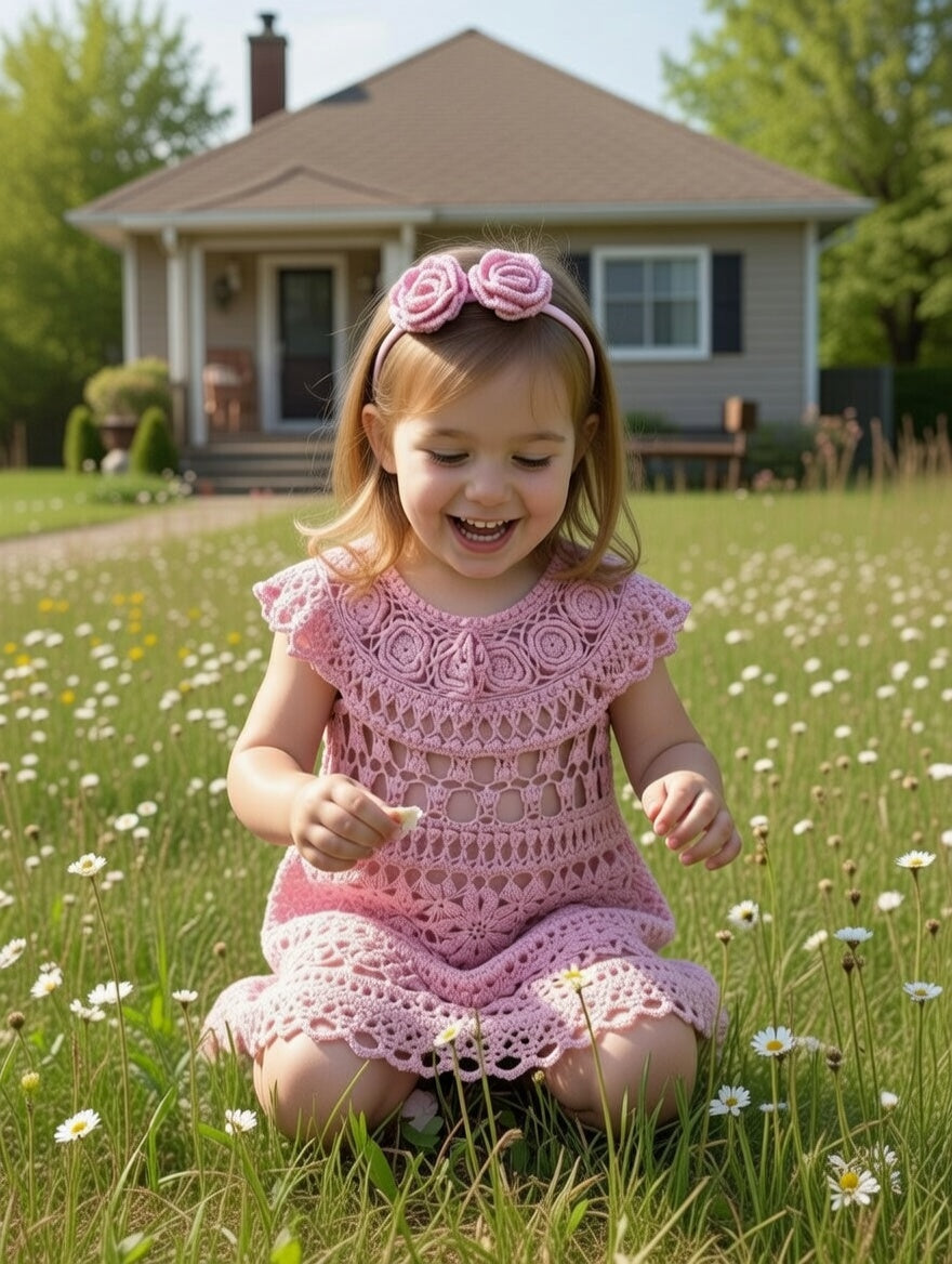 Handmade Pink Crochet Dress for Girls with Floral Lace Baptism Girl Dress