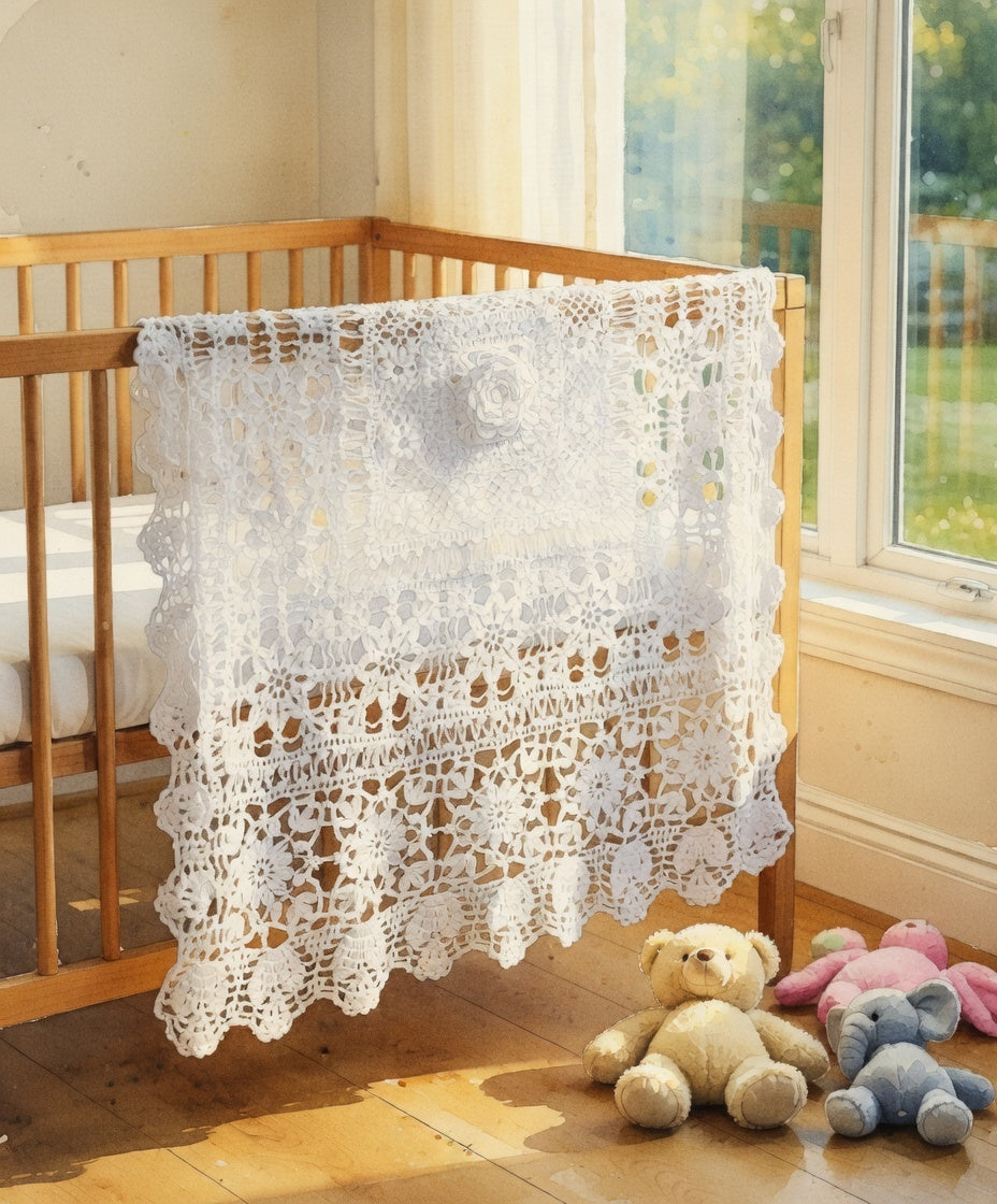 Crochet Cotton Baby Blanket – Lace Christening Blanket for Baptism, Handmade Baby Throw