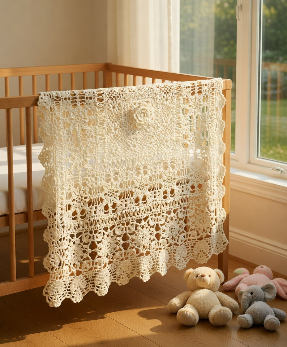 Crochet Cotton Baby Blanket – Lace Christening Blanket for Baptism, Handmade Baby Throw