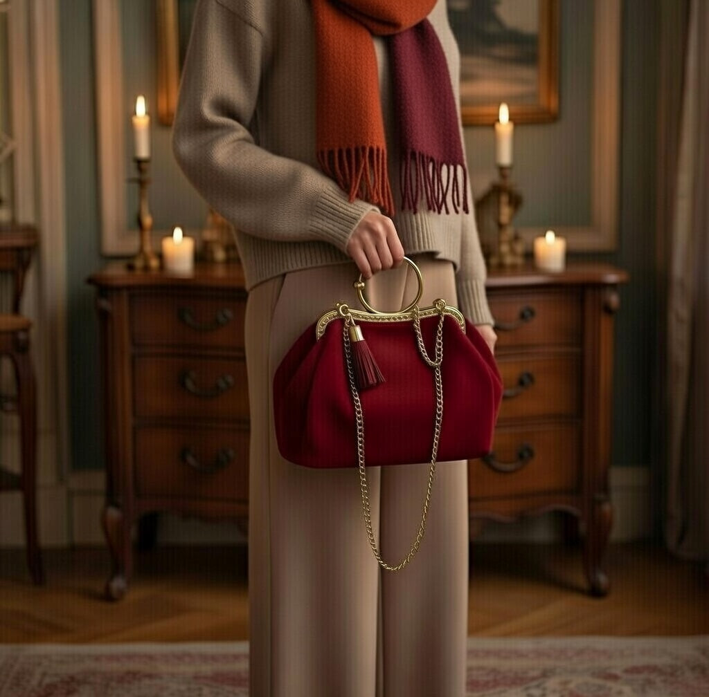 Bordeaux Suede Kisslock Bag – Bohemian Vintage Handbag with Gold Frame and Chain Strap