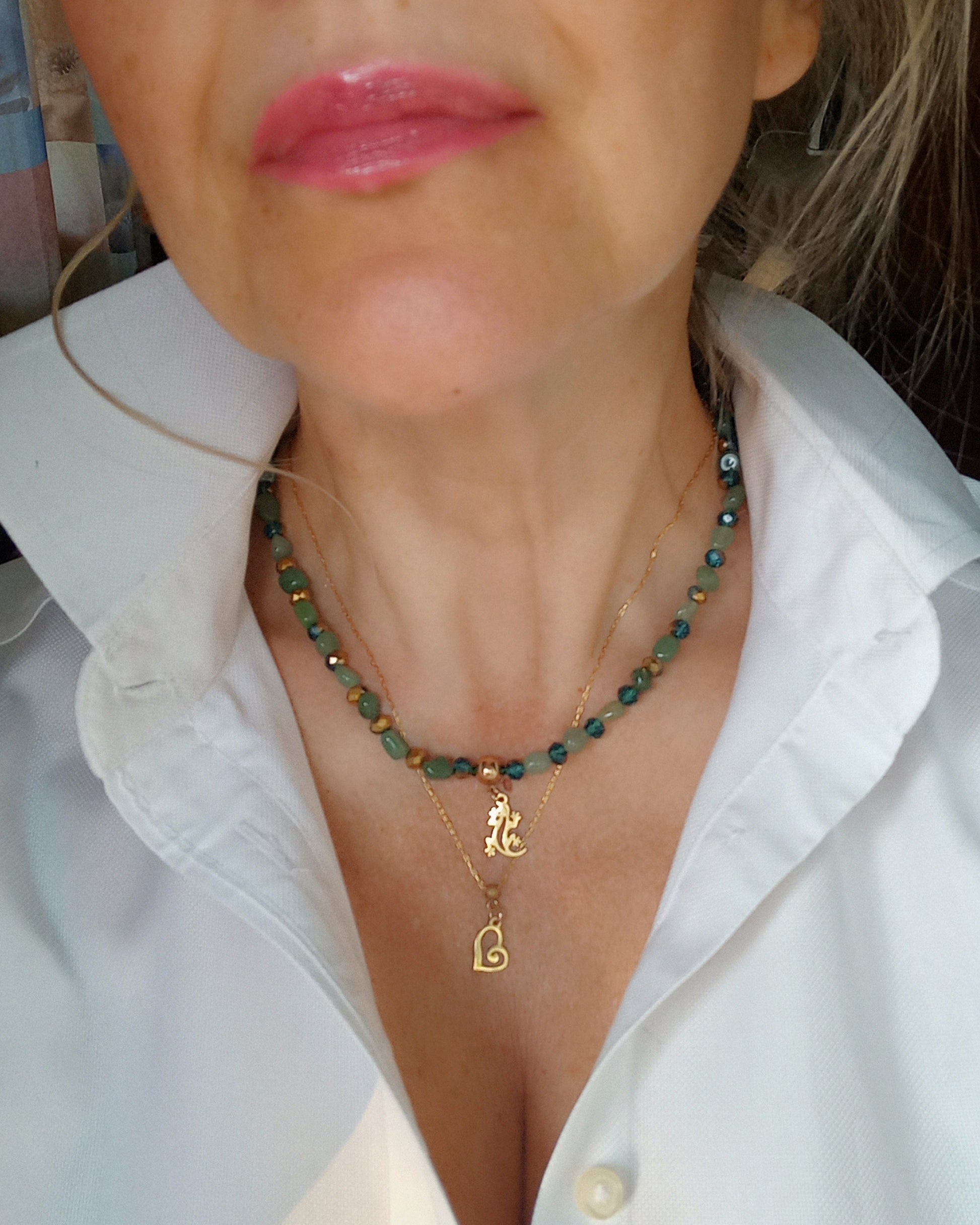 Green Aventurine Necklace with 14k Gold Filled Lizard Charm 