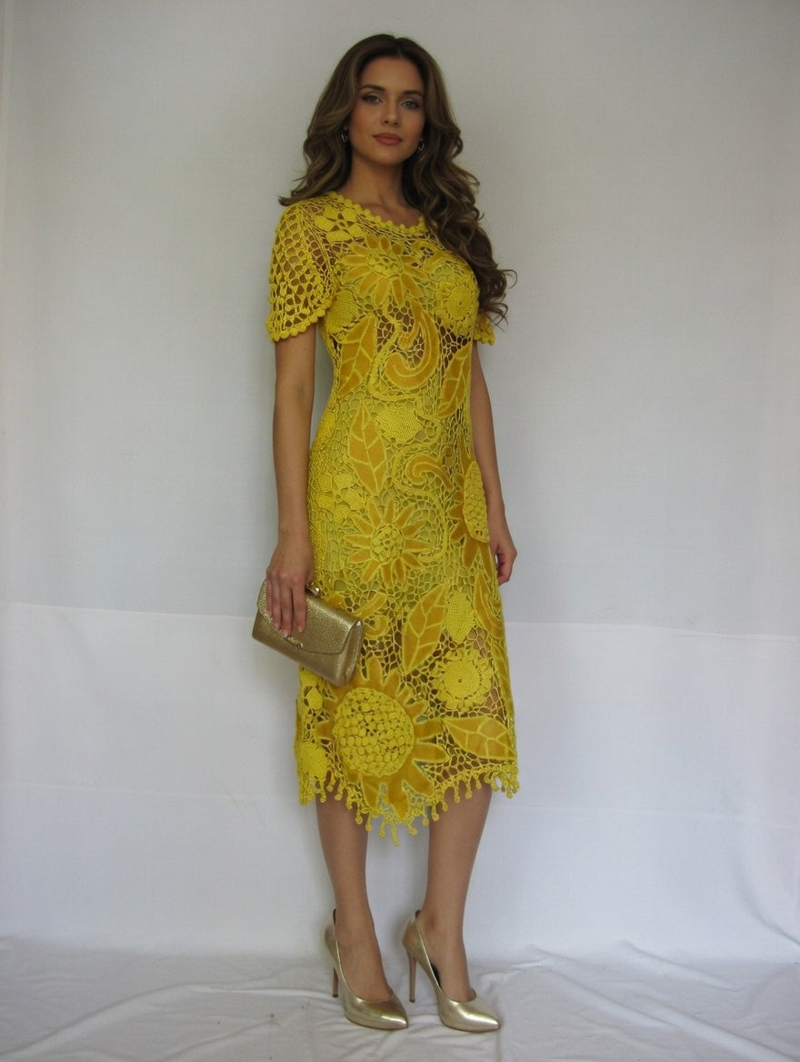 Yellow Irish Lace Crochet Dress with Leather – Handmade Statement Summer Dress