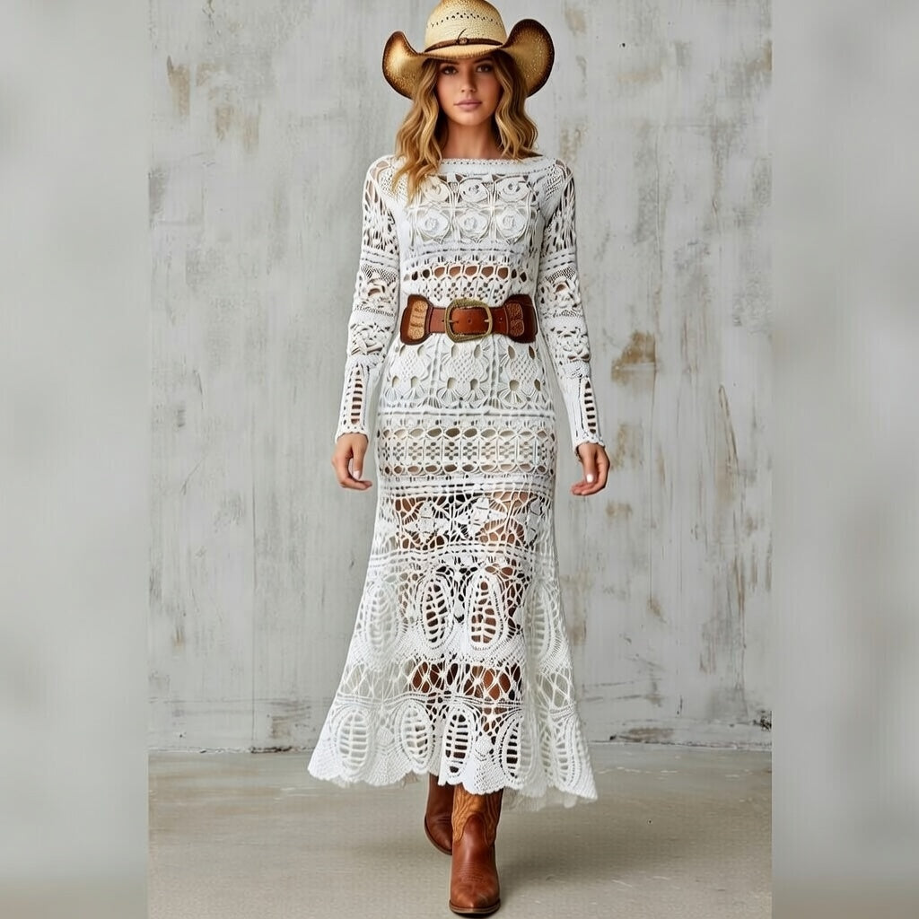 Handmade Irish Lace Wedding Dress – Crochet White Maxi Cotton Bridal Boho Gown