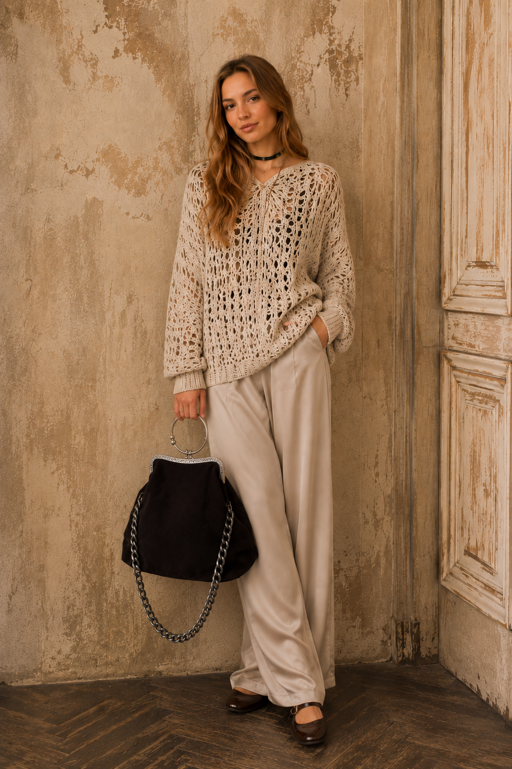 Brown Suede Kisslock Bag – Vintage Chocolate Leather Frame Handbag with Brass Clasp, Bohemian Chain Shoulder Purse