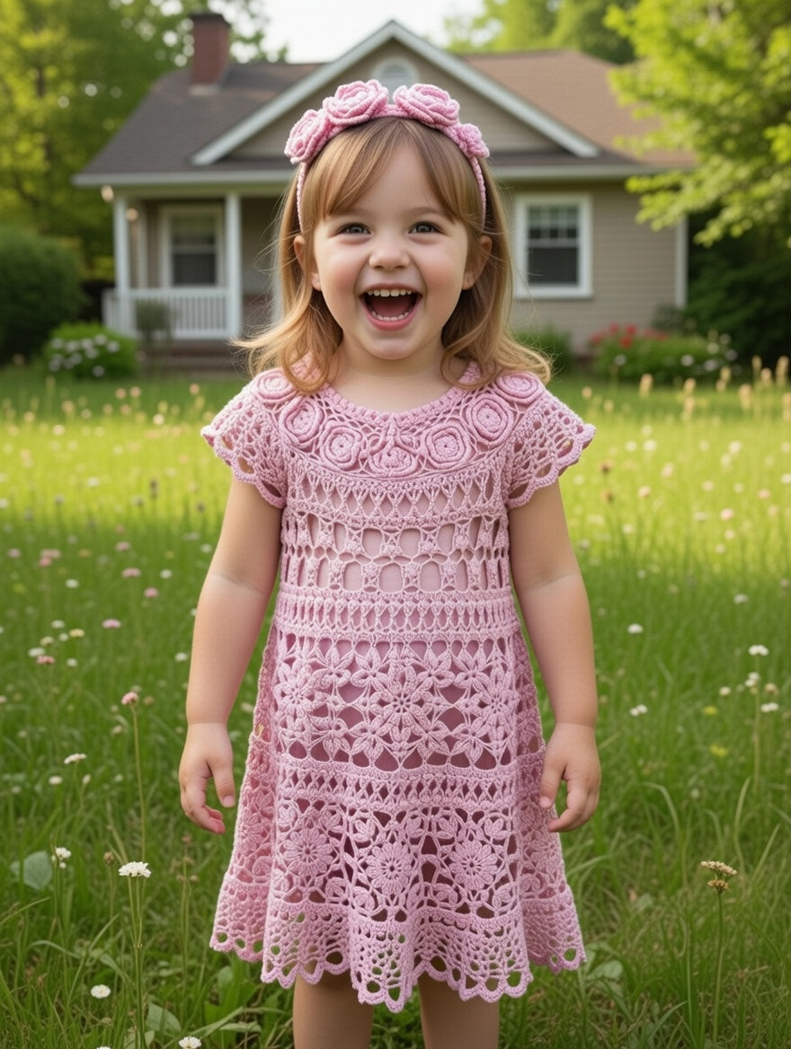 Handmade Pink Crochet Dress for Girls with Floral Lace Baptism Girl Dress