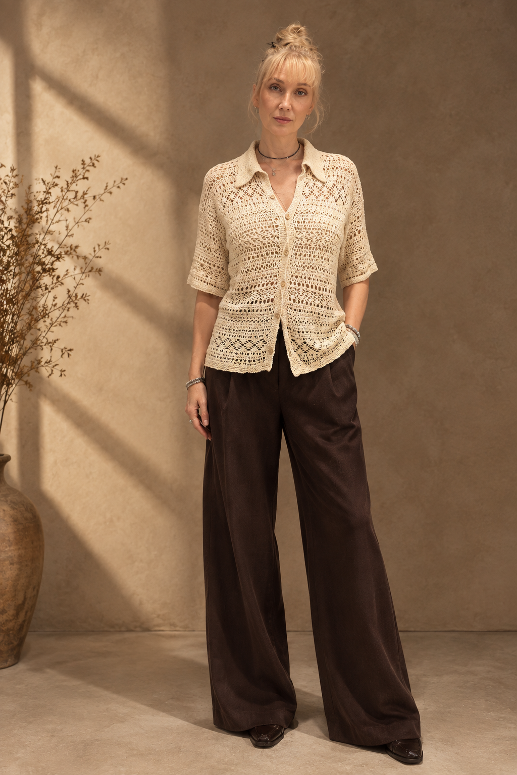 Ivory Crochet Polo Shirt – Oversized Hemp Cotton Lace Cardigan, Handmade Collared Summer Sweater