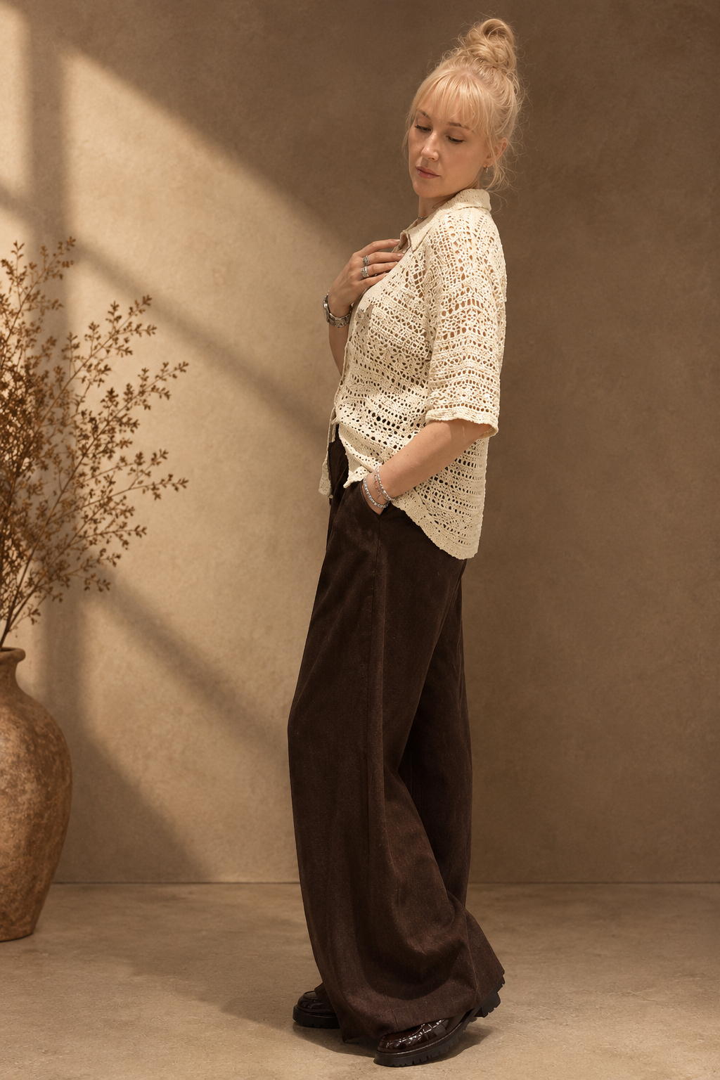 Ivory Crochet Polo Shirt – Oversized Hemp Cotton Lace Cardigan, Handmade Collared Summer Sweater