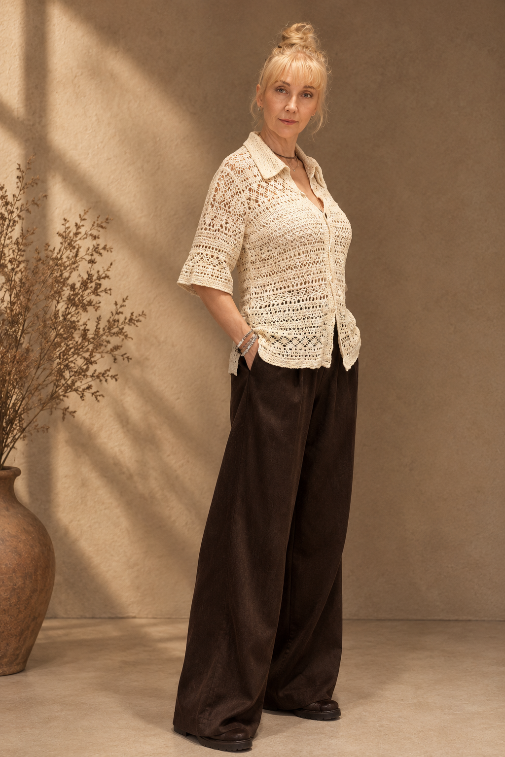 Ivory Crochet Polo Shirt – Oversized Hemp Cotton Lace Cardigan, Handmade Collared Summer Sweater