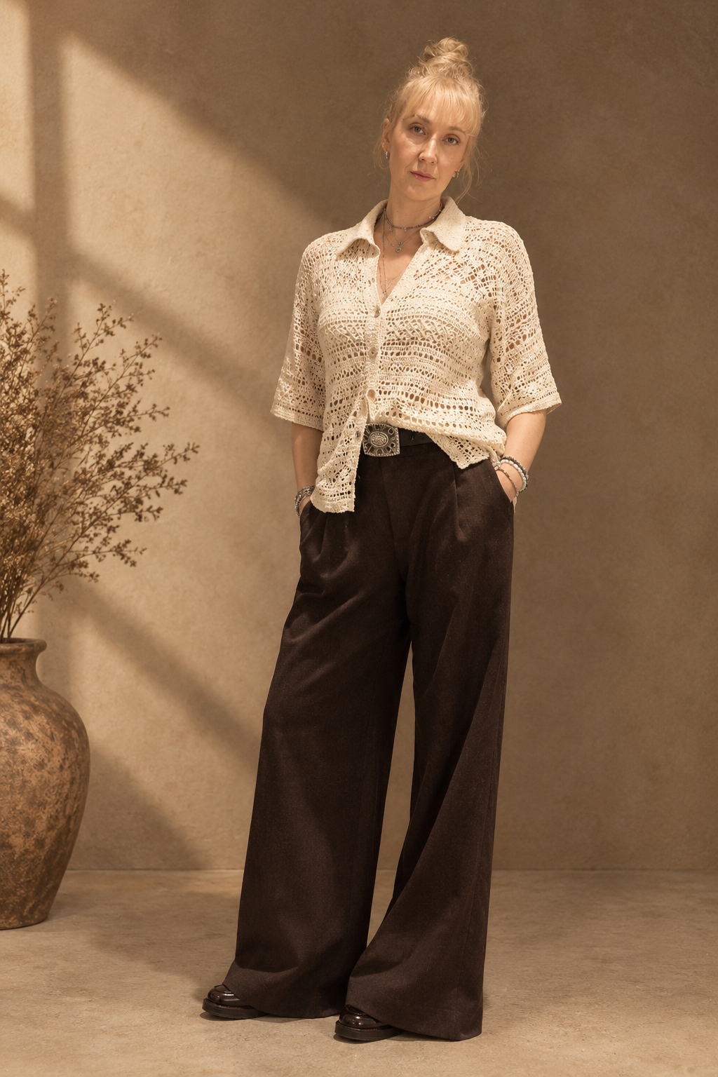 Ivory Crochet Polo Shirt – Oversized Hemp Cotton Lace Cardigan, Handmade Collared Summer Sweater