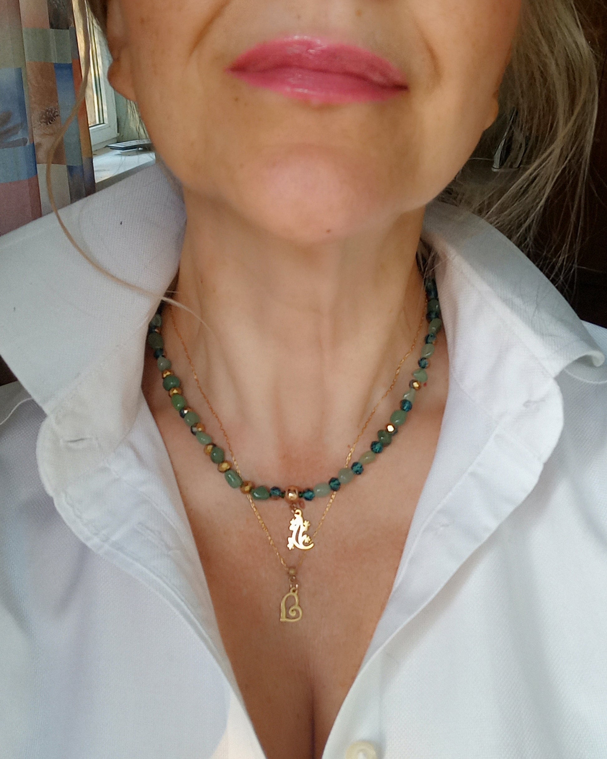 Gren aventurine gem stone necklace with 14k gold filled lizard pendant