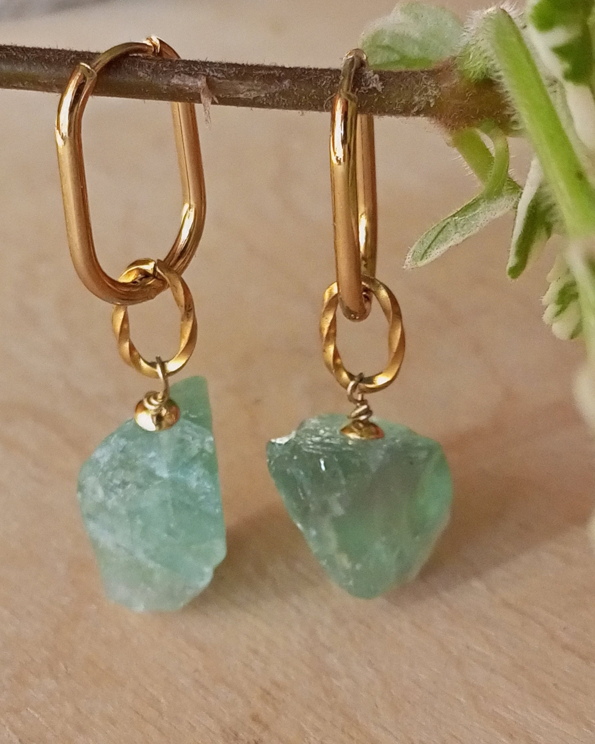 14k gold filled earring with green fluorite raw gemstones