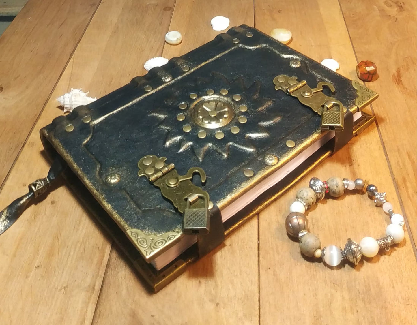 Black Leather Sun Grimoire with Antique Lock – Handmade Aged Journal, Vintage Book of Shadows