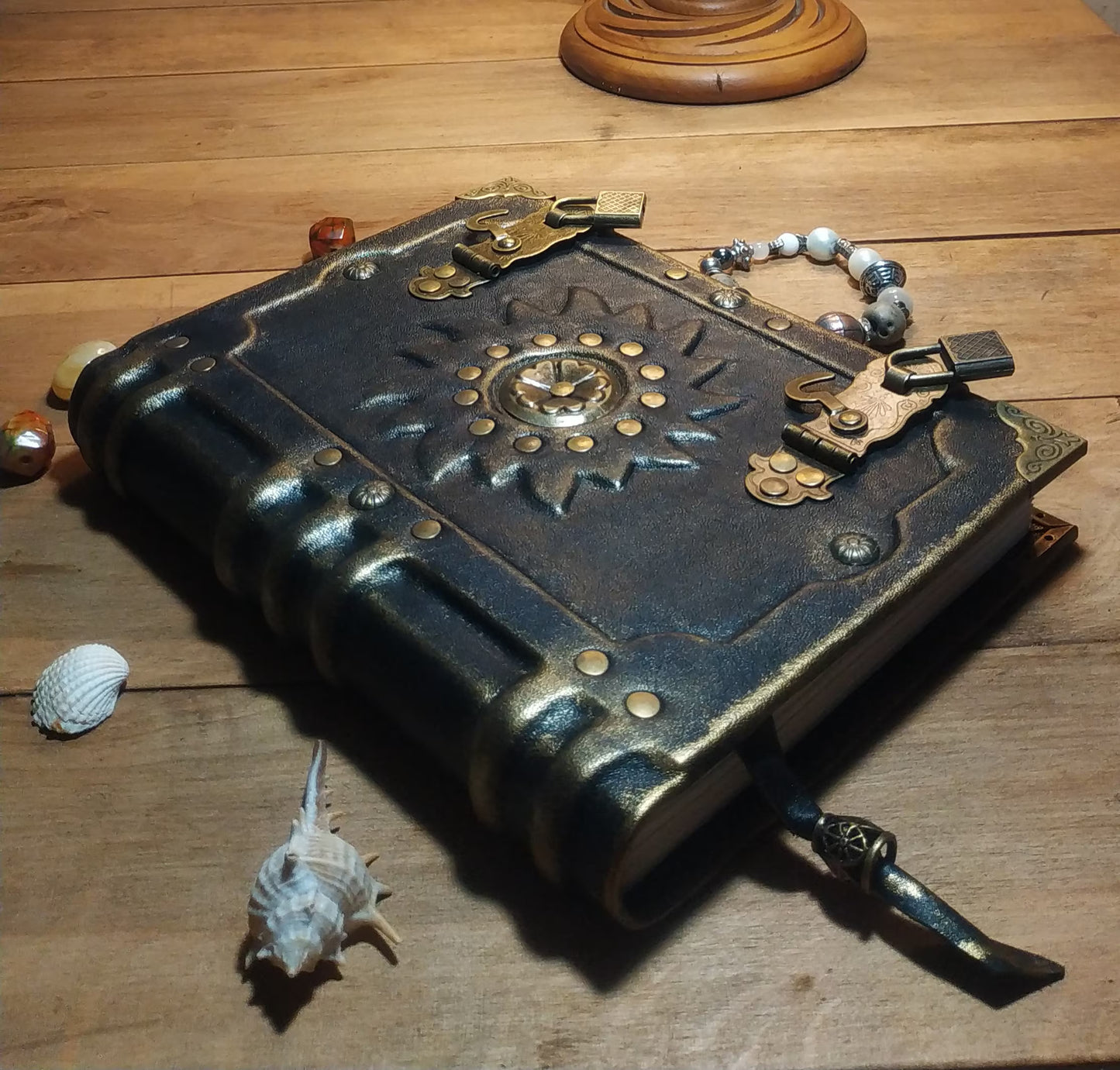 Black Leather Sun Grimoire with Antique Lock – Handmade Aged Journal, Vintage Book of Shadows