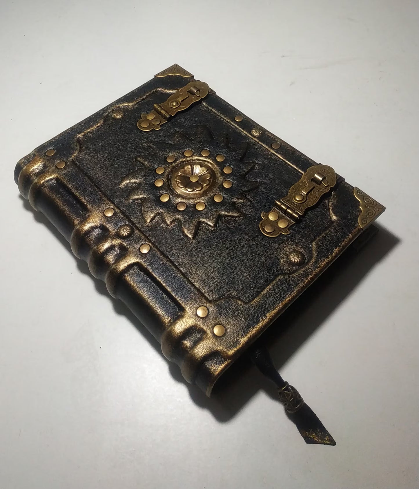 Black Leather Sun Grimoire with Antique Lock – Handmade Aged Journal, Vintage Book of Shadows