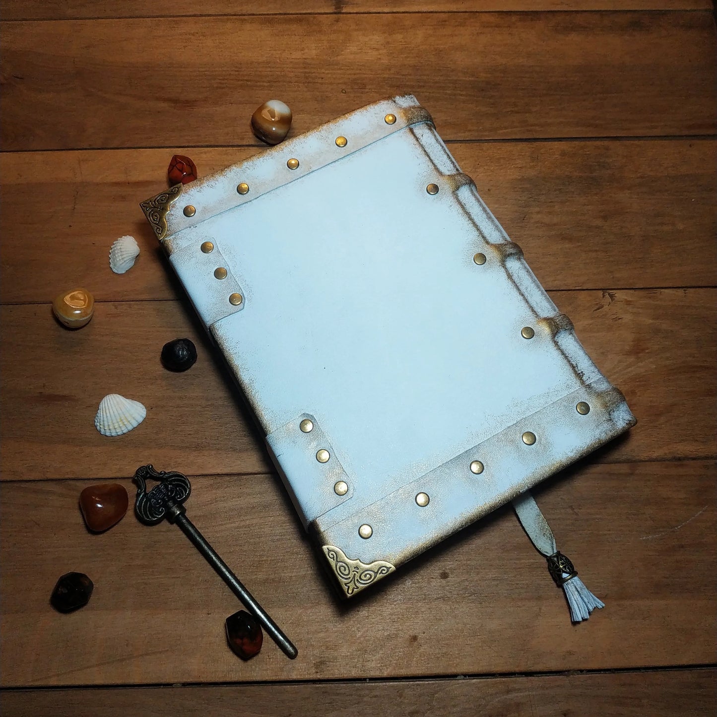 White and Gold Leather Journal with Antique Locks – Handmade Vintage Book of Shadows Notebook