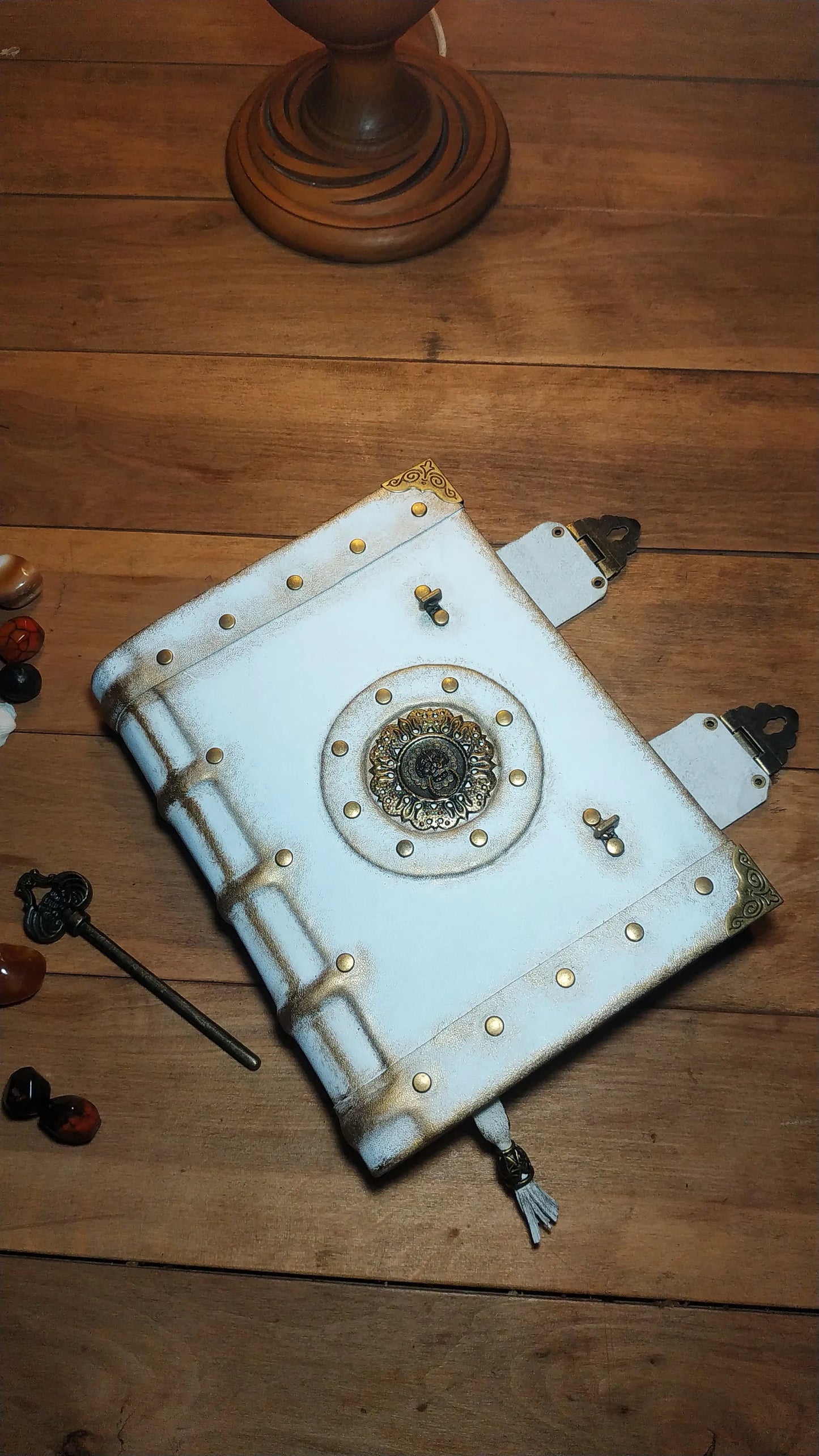 White and Gold Leather Journal with Antique Locks – Handmade Vintage Book of Shadows Notebook