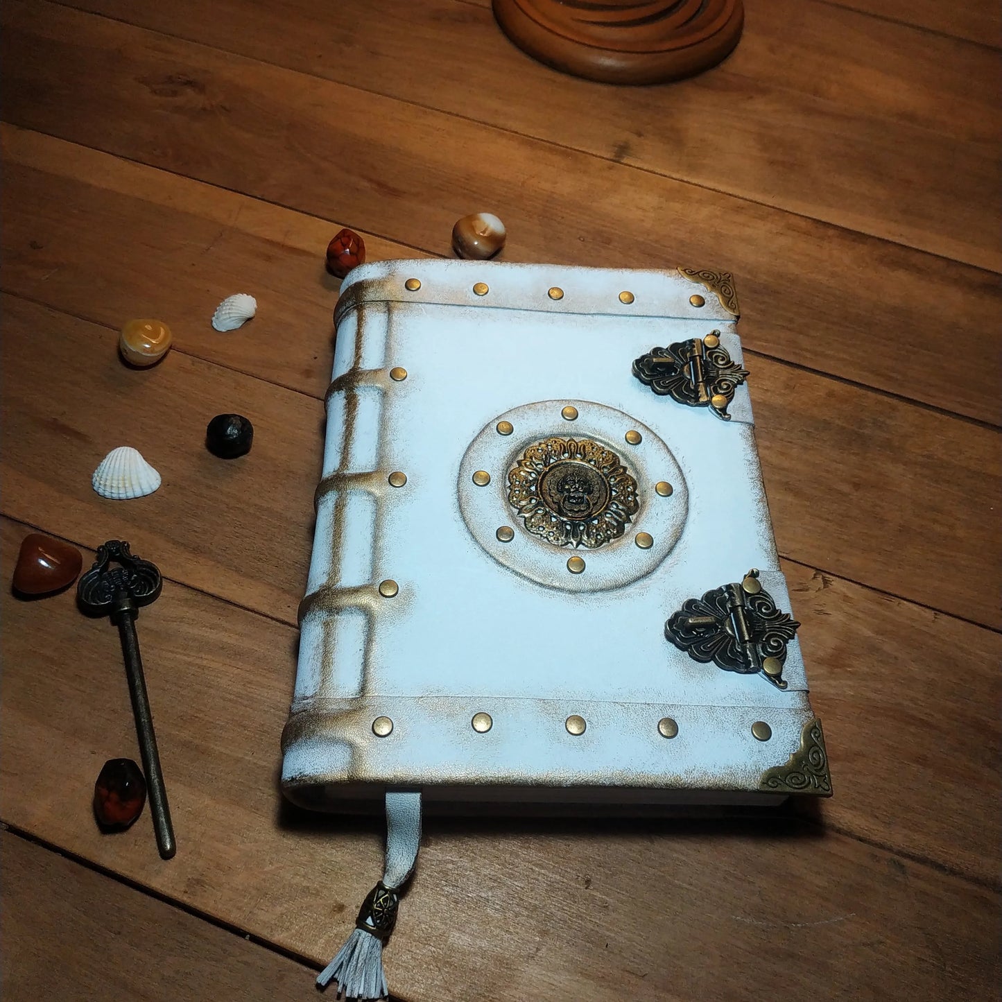 White and Gold Leather Journal with Antique Locks – Handmade Vintage Book of Shadows Notebook