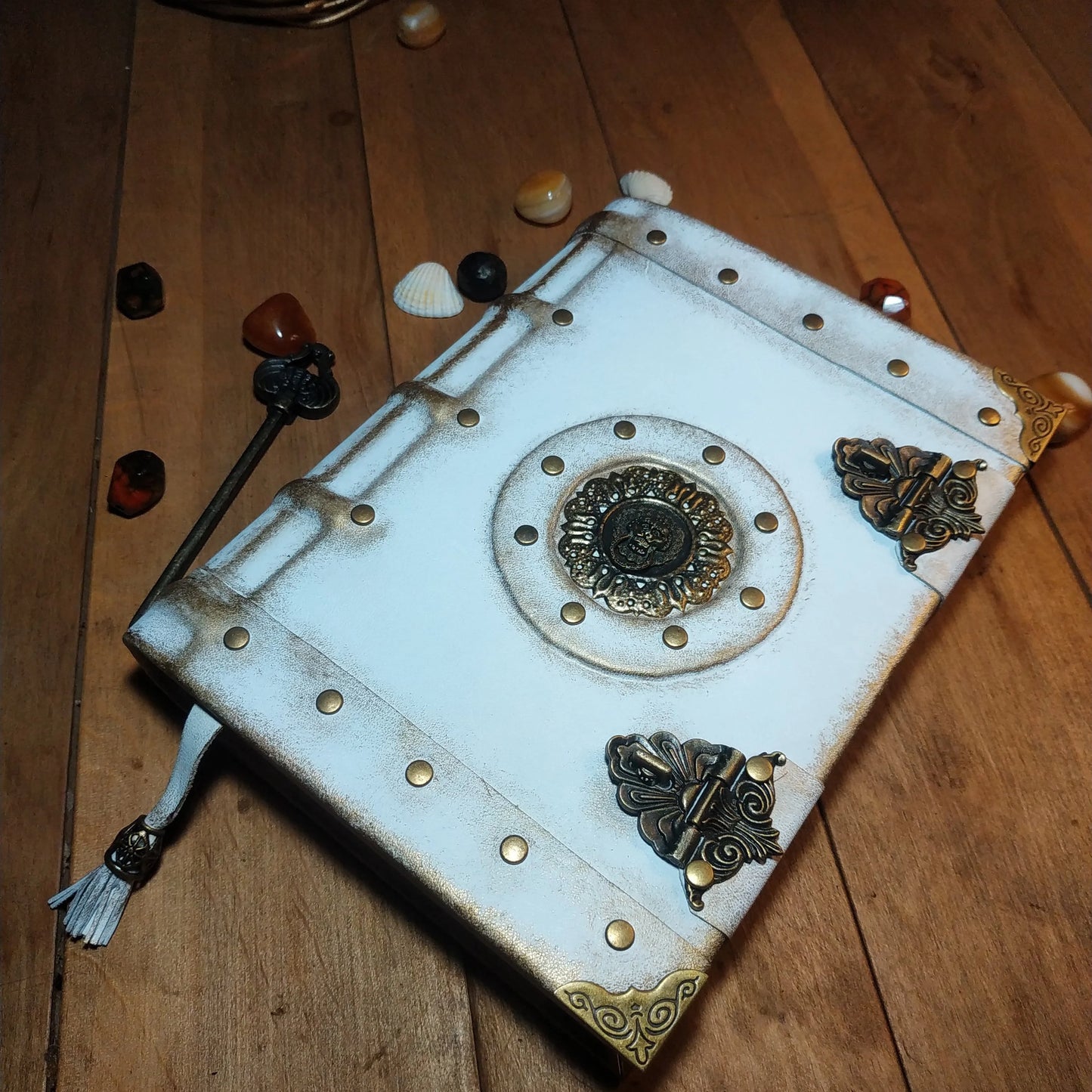 White and Gold Leather Journal with Antique Locks – Handmade Vintage Book of Shadows Notebook