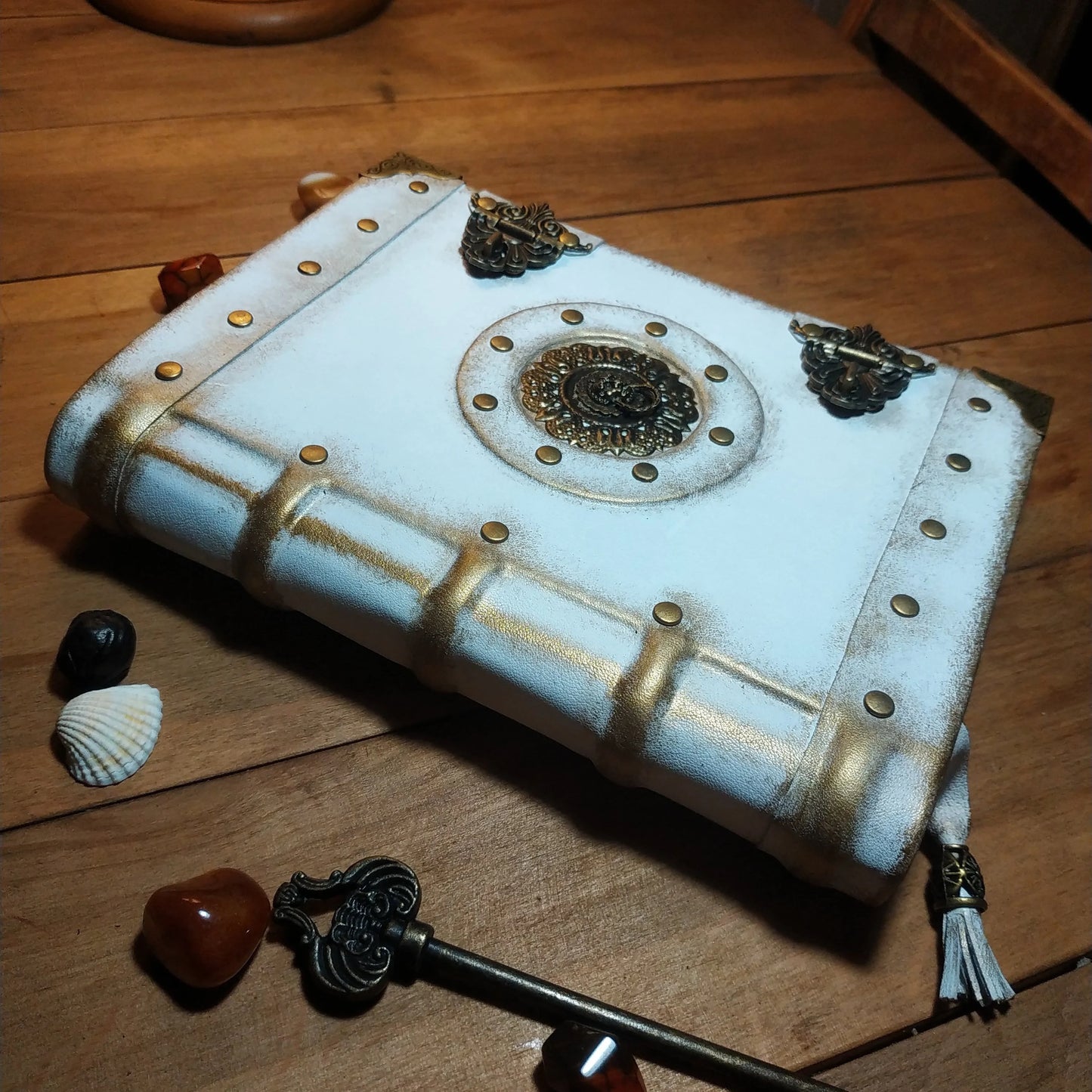 White and Gold Leather Journal with Antique Locks – Handmade Vintage Book of Shadows Notebook