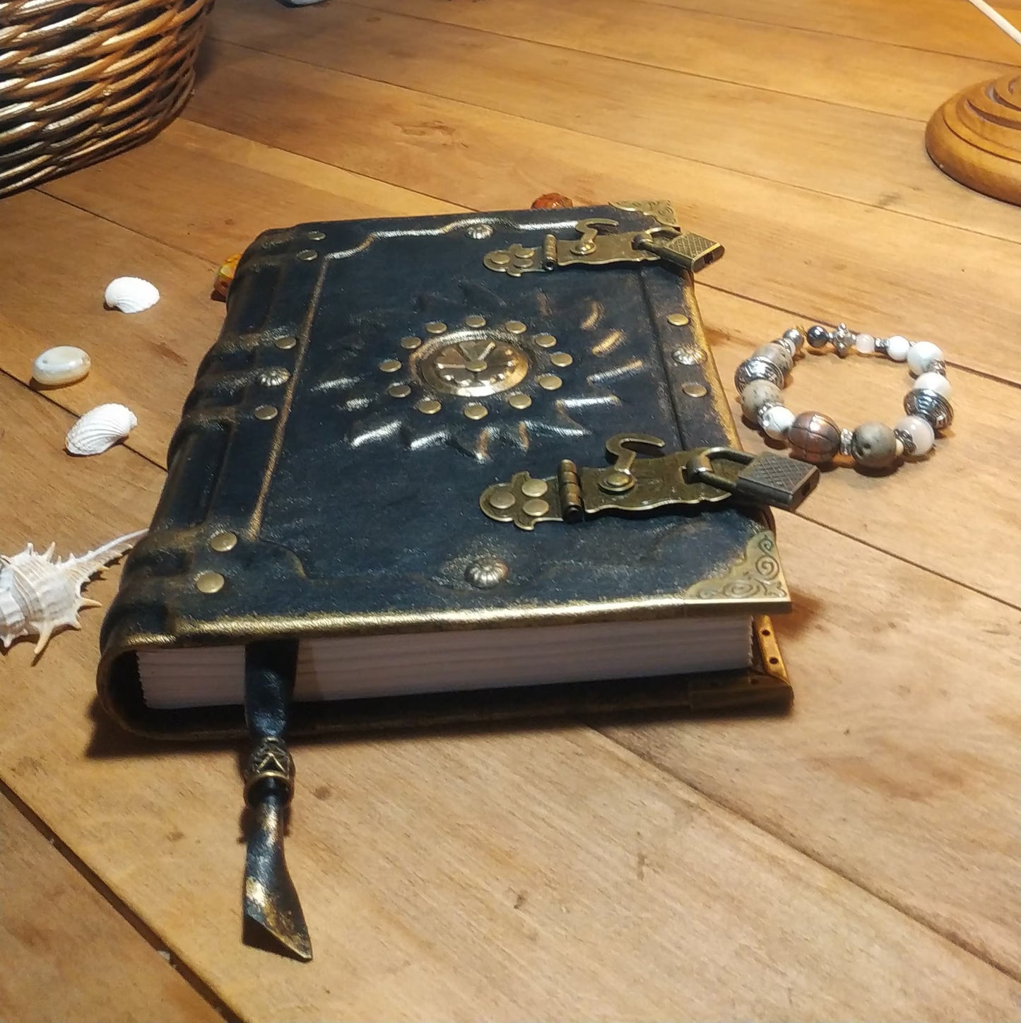 Black Leather Sun Grimoire with Antique Lock – Handmade Aged Journal, Vintage Book of Shadows
