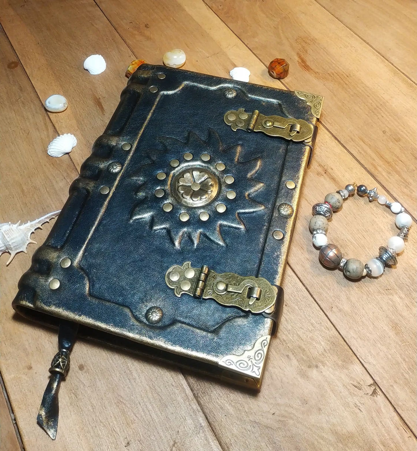Black Leather Sun Grimoire with Antique Lock – Handmade Aged Journal, Vintage Book of Shadows