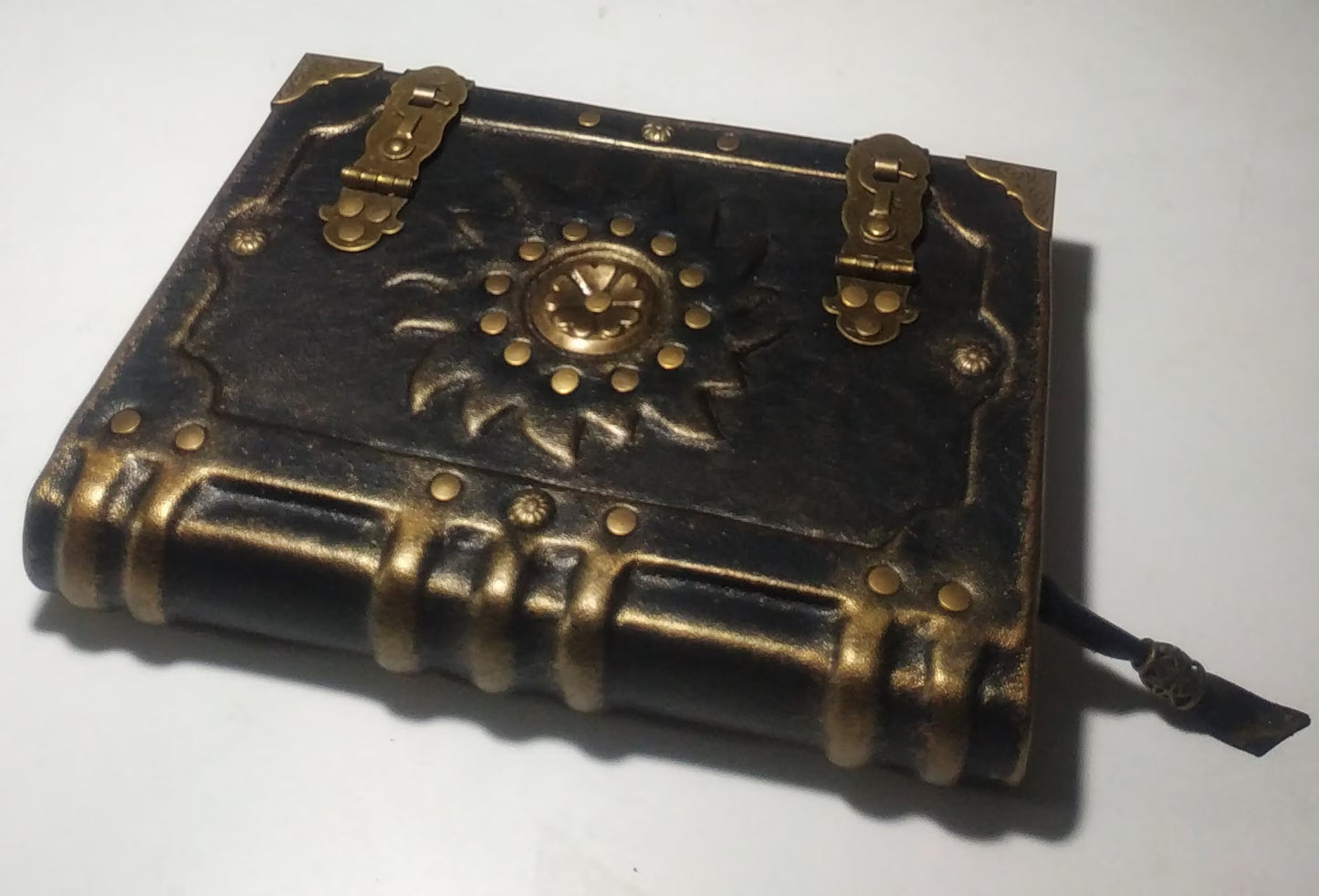 Black Leather Sun Grimoire with Antique Lock – Handmade Aged Journal, Vintage Book of Shadows
