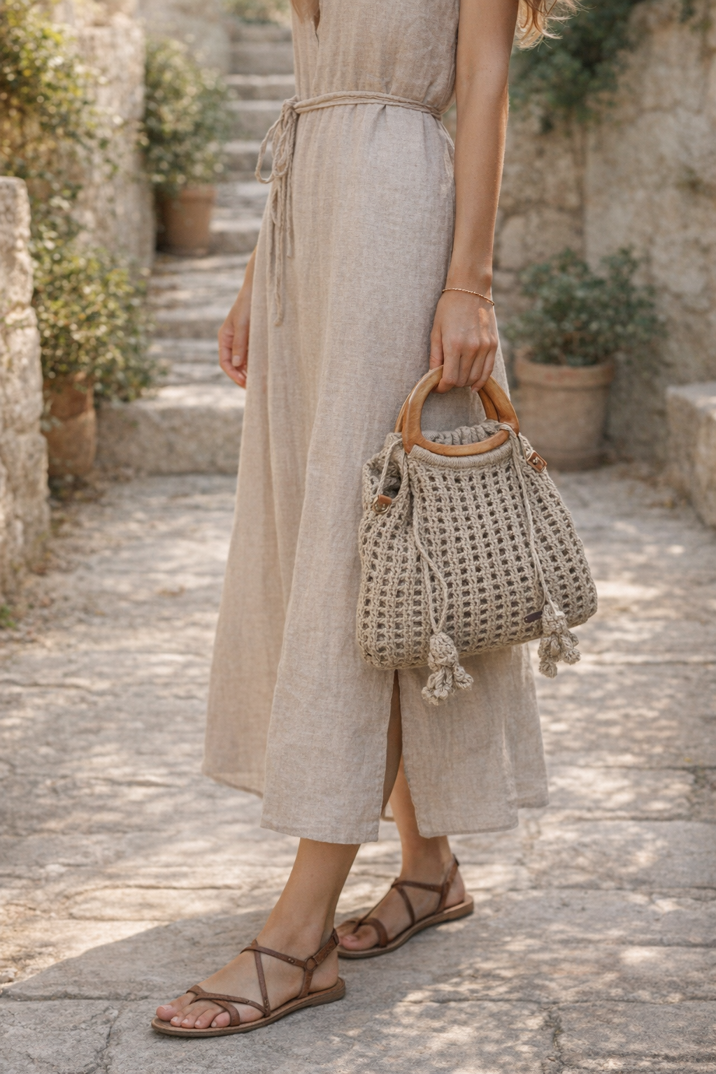 Bohemian Beige Crochet Jute Bag – Handmade Eco Friendly Summer Tote with Plastic Handles and Inner Canvas Bag