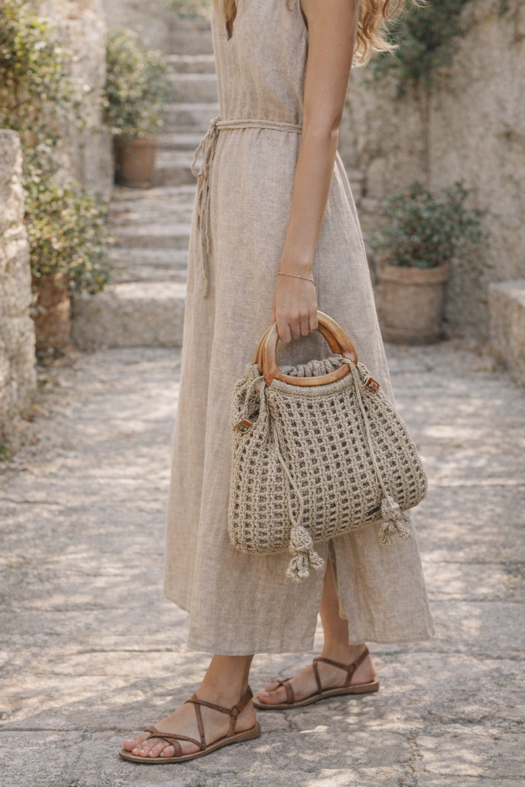 Bohemian Beige Crochet Jute Bag – Handmade Eco Friendly Summer Tote with Plastic Handles and Inner Canvas Bag