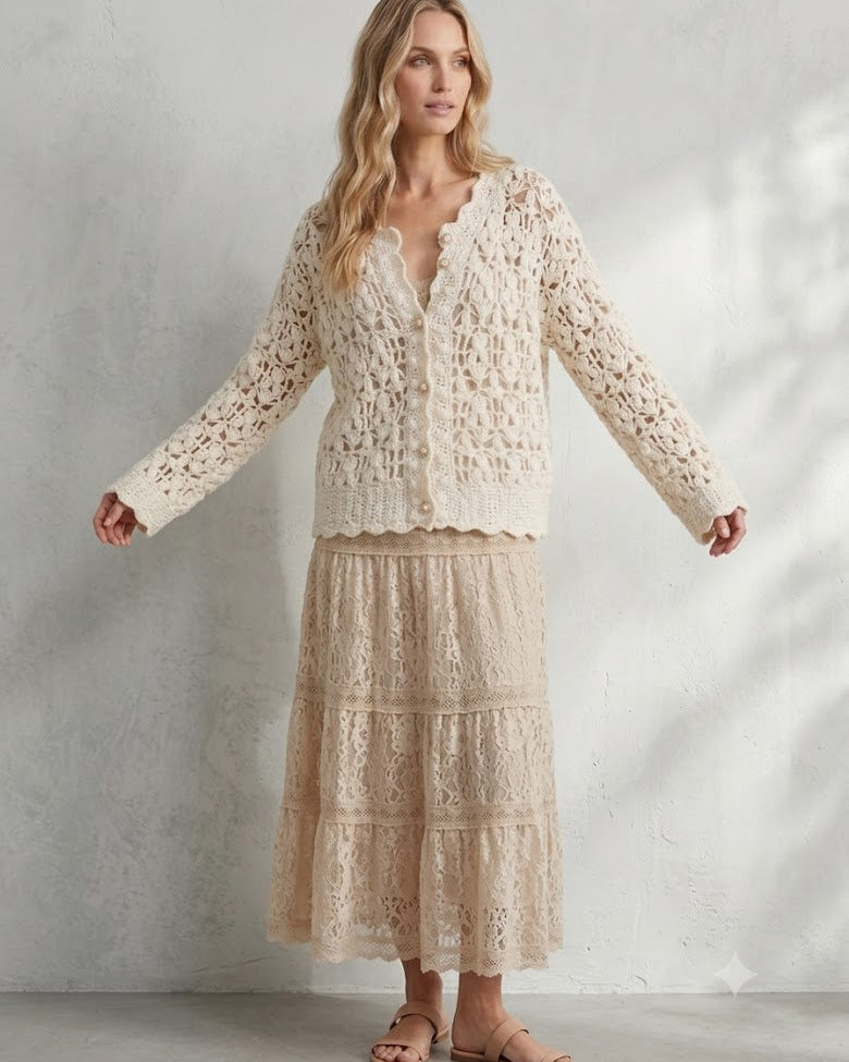 Crochet lace ivory Fluffy oversize cardigan with long sleeves 