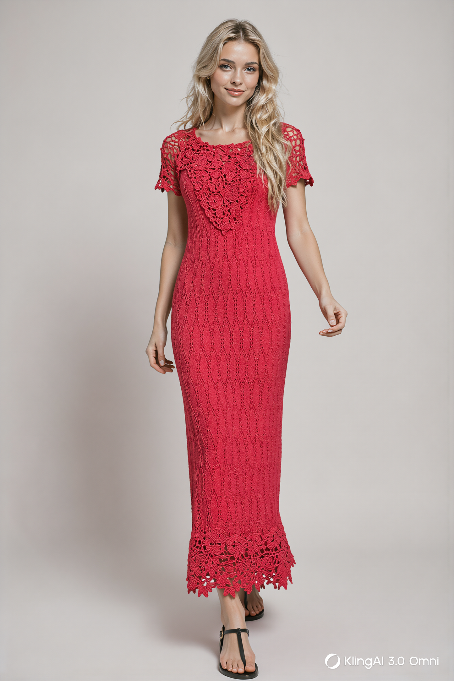 Red Crochet Maxi Dress Irish Lace – Scarlet Viscose Sundress, Handmade Boho Beach & Evening Dress