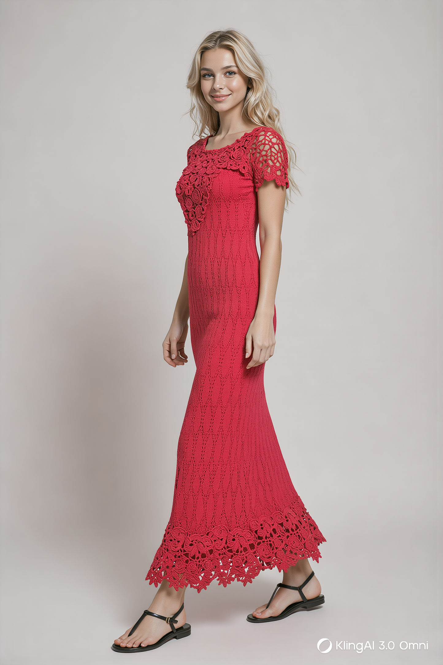 Red Crochet Maxi Dress Irish Lace – Scarlet Viscose Sundress, Handmade Boho Beach & Evening Dress
