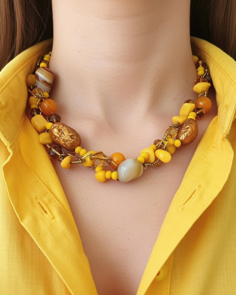 Multi strand Necklace with yellow agate, jade, jadeite, polymer clay 14k filled chain