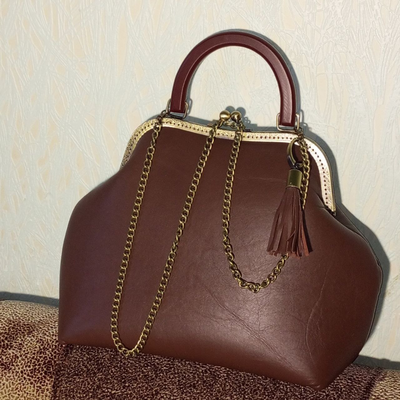 Bohemian Brown Leather Kisslock Bag – Genuine Leather Handbag with Chain Strap, Vintage Frame Purse