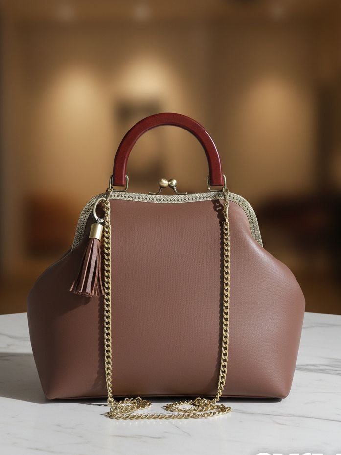 Bohemian Brown Leather Kisslock Bag – Genuine Leather Handbag with Chain Strap, Vintage Frame Purse