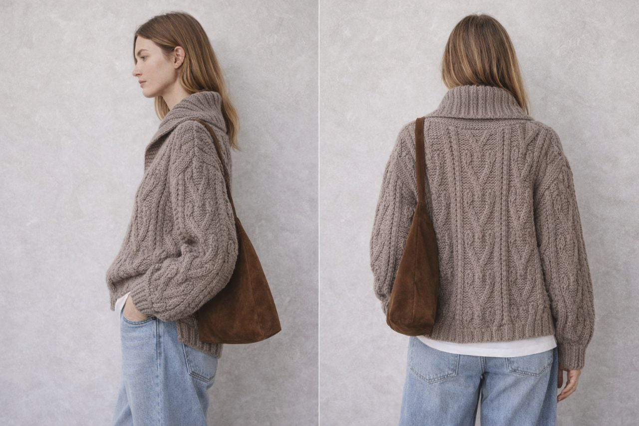 Handmade Oversized Taupe Knit Polo Collar Sweater – Cable Knit Wool Blend Collared Jumper, Winter Pullover