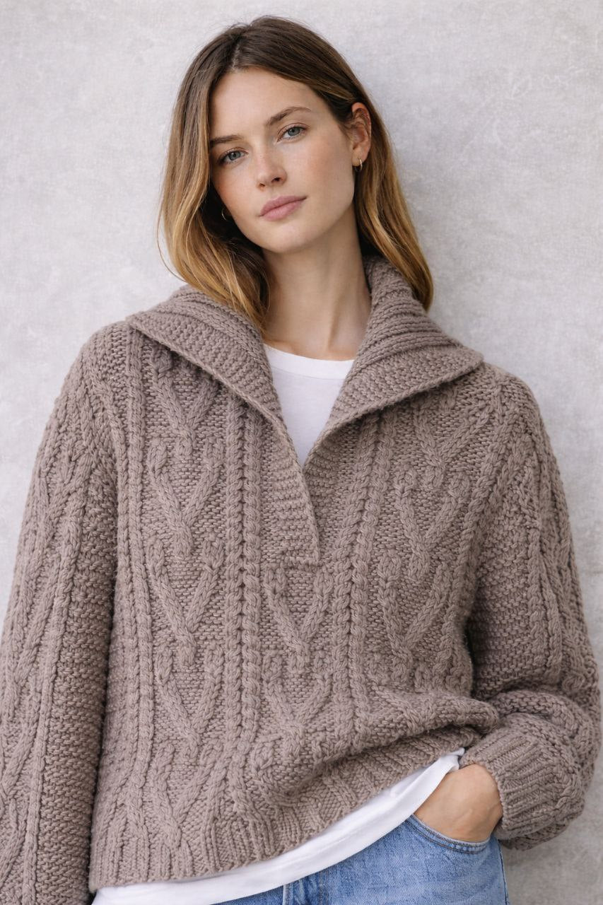 Handmade Oversized Taupe Knit Polo Collar Sweater – Cable Knit Wool Blend Collared Jumper, Winter Pullover