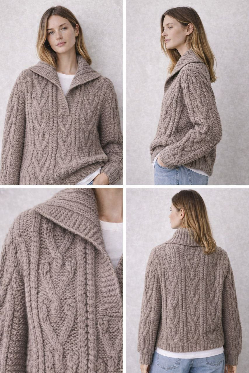 Handmade Oversized Taupe Knit Polo Collar Sweater – Cable Knit Wool Blend Collared Jumper, Winter Pullover