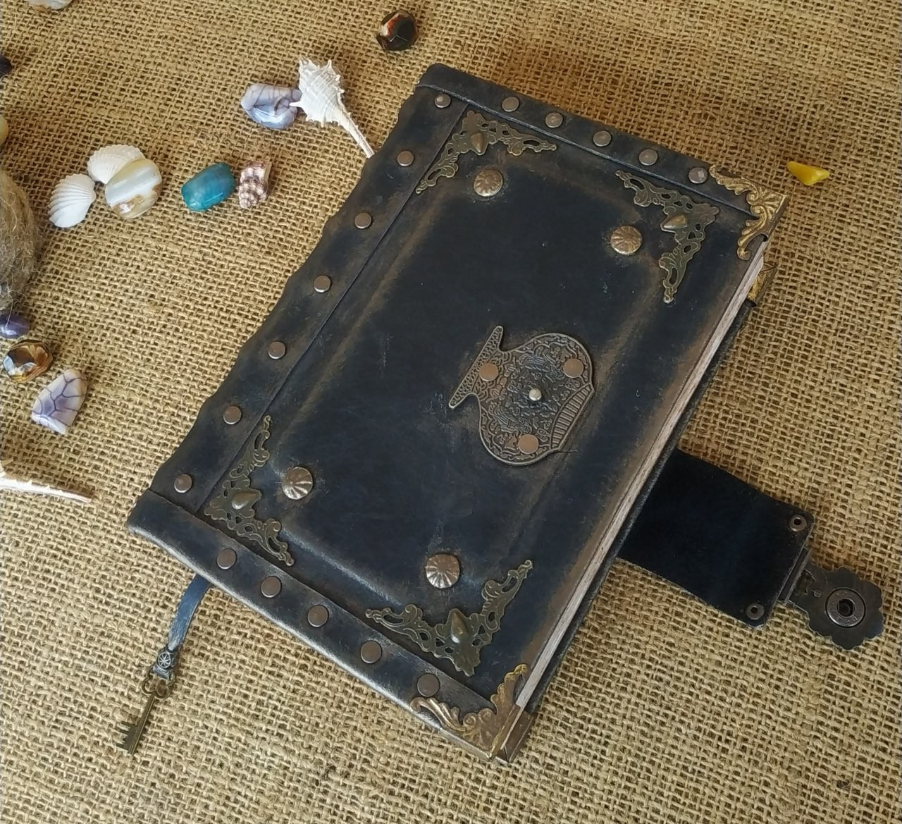 Black Leather Journal with Antique Lock – Handmade Vintage Book of Shadows Notebook