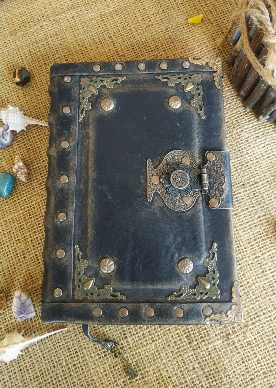 Black Leather Journal with Antique Lock – Handmade Vintage Book of Shadows Notebook