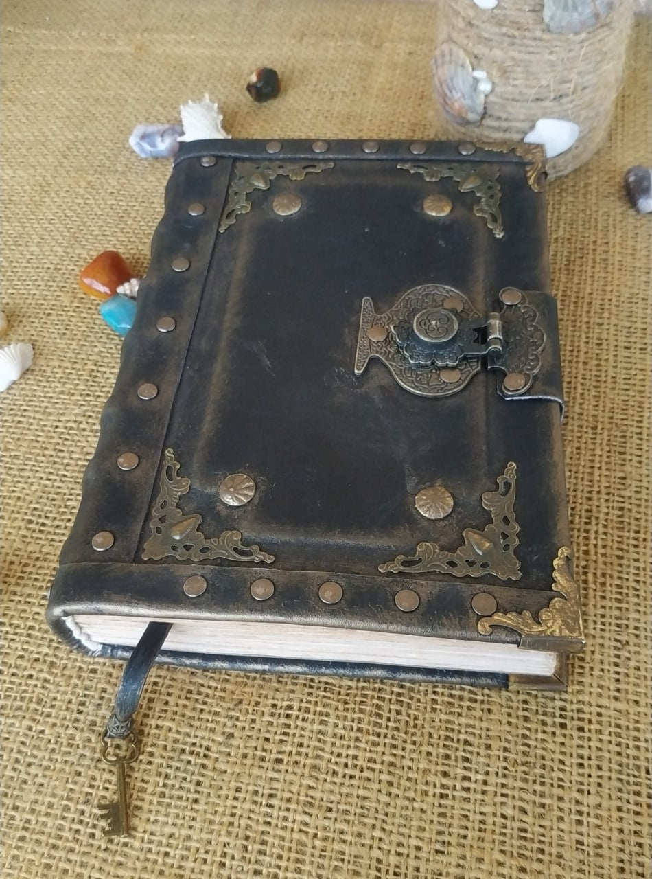 Black Leather Journal with Antique Lock – Handmade Vintage Book of Shadows Notebook