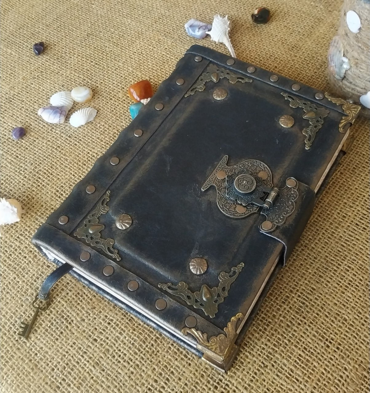 Black Leather Journal with Antique Lock – Handmade Vintage Book of Shadows Notebook