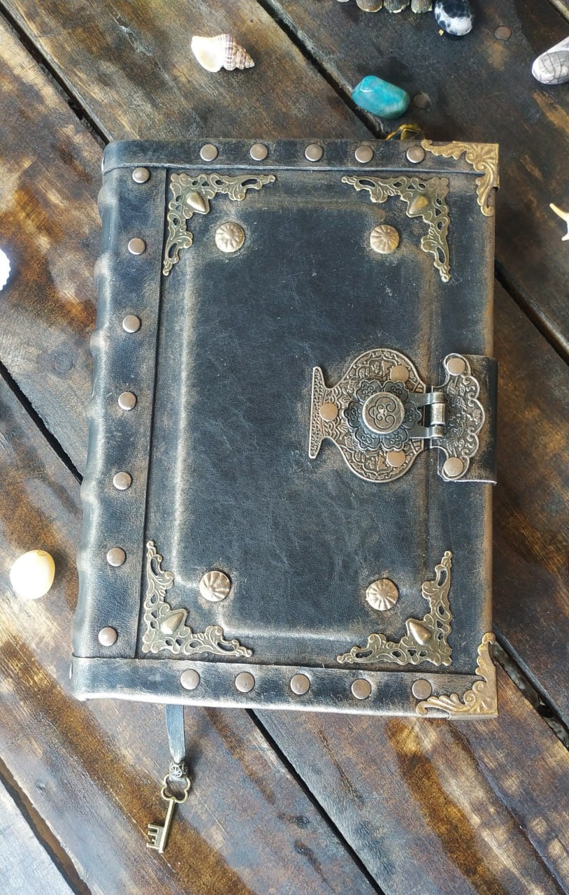 Black Leather Journal with Antique Lock – Handmade Vintage Book of Shadows Notebook