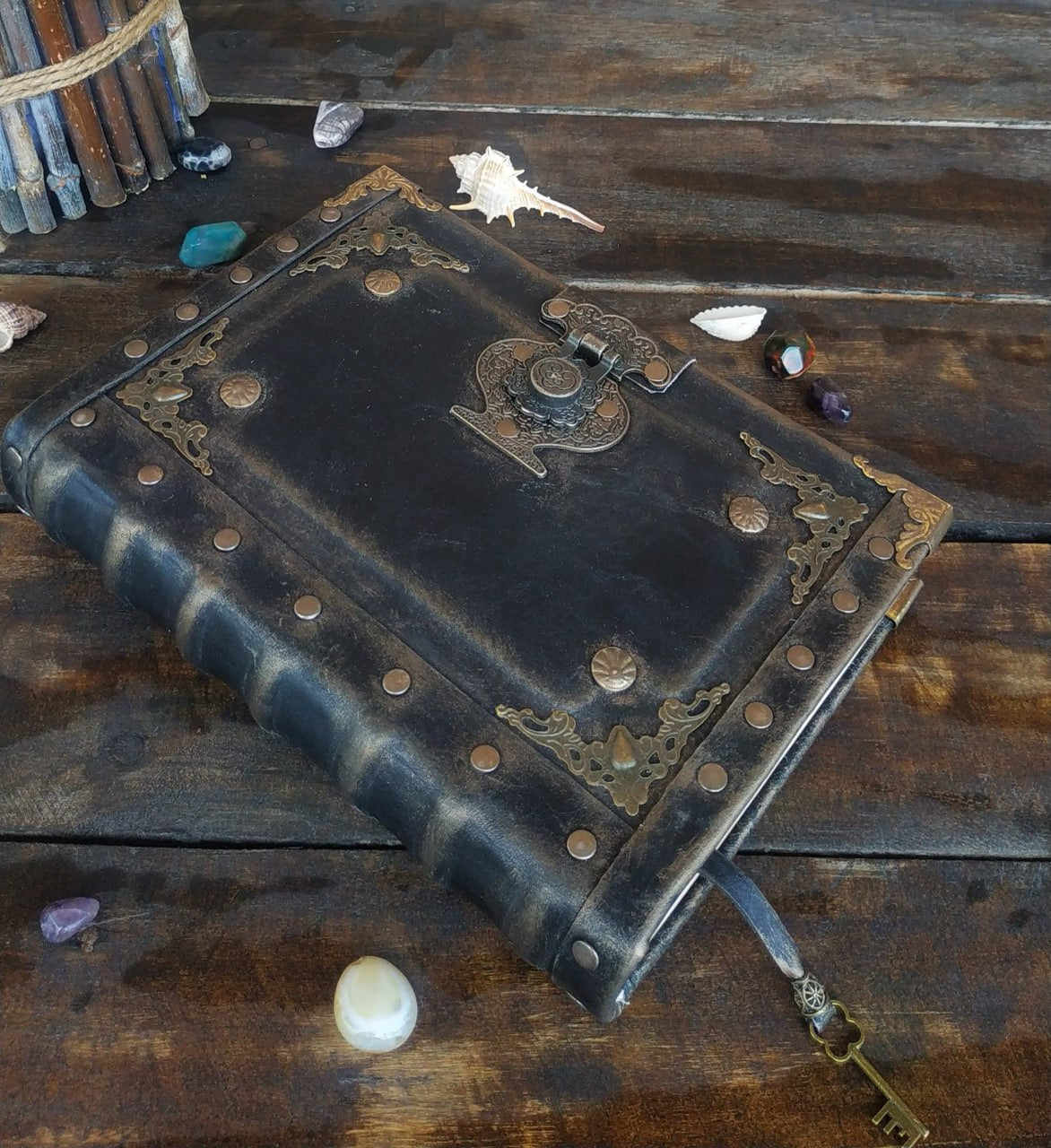 Black Leather Journal with Antique Lock – Handmade Vintage Book of Shadows Notebook