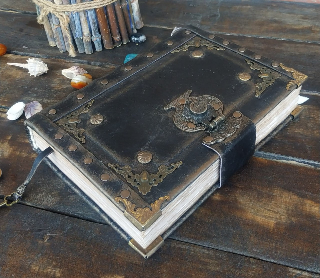 Black Leather Journal with Antique Lock – Handmade Vintage Book of Shadows Notebook