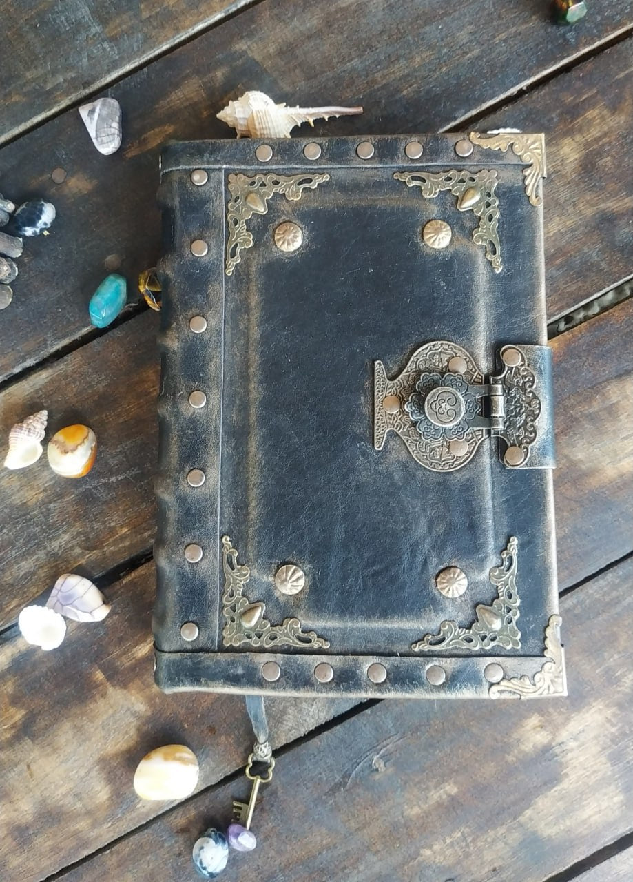 Black Leather Journal with Antique Lock – Handmade Vintage Book of Shadows Notebook