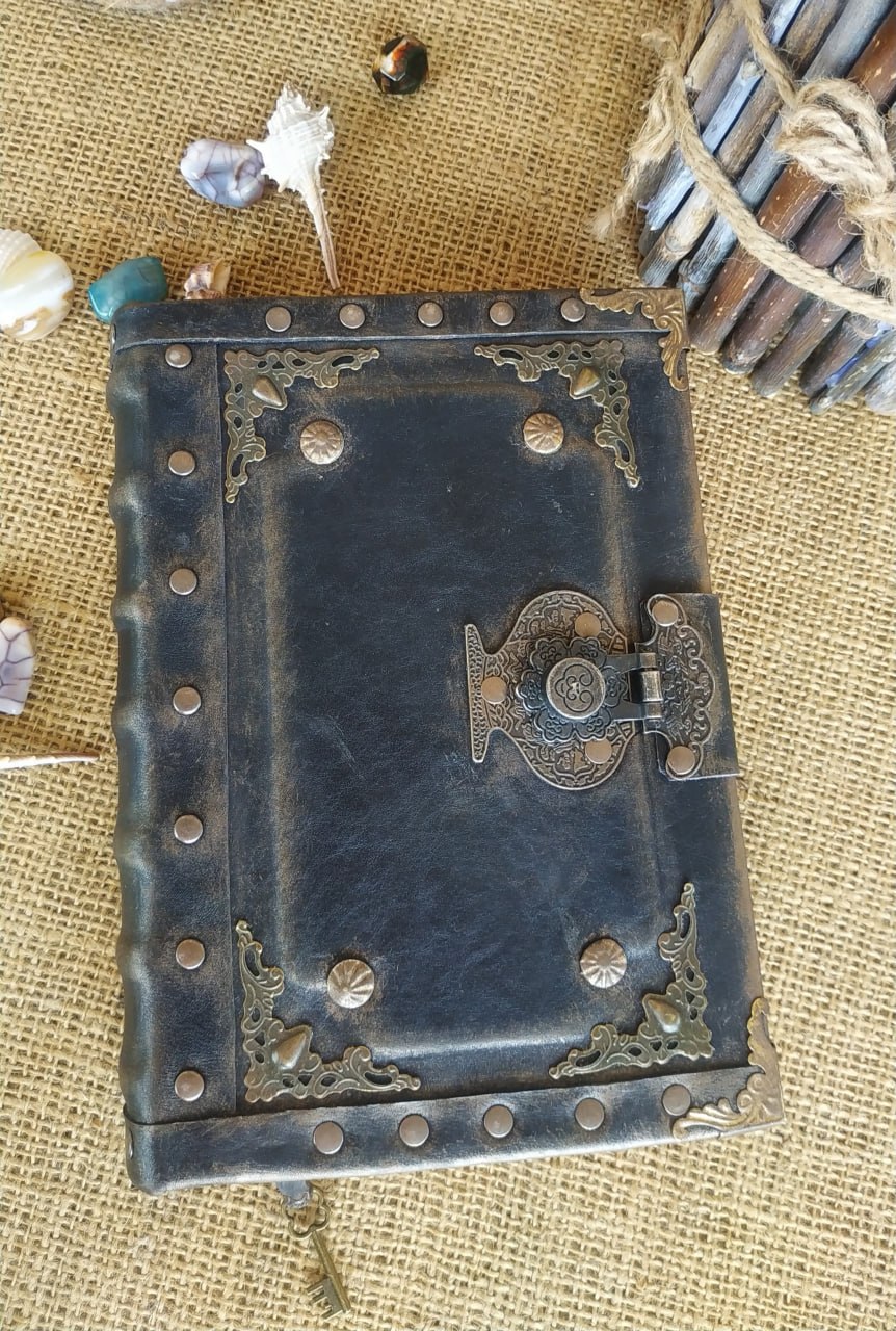 Black Leather Journal with Antique Lock – Handmade Vintage Book of Shadows Notebook