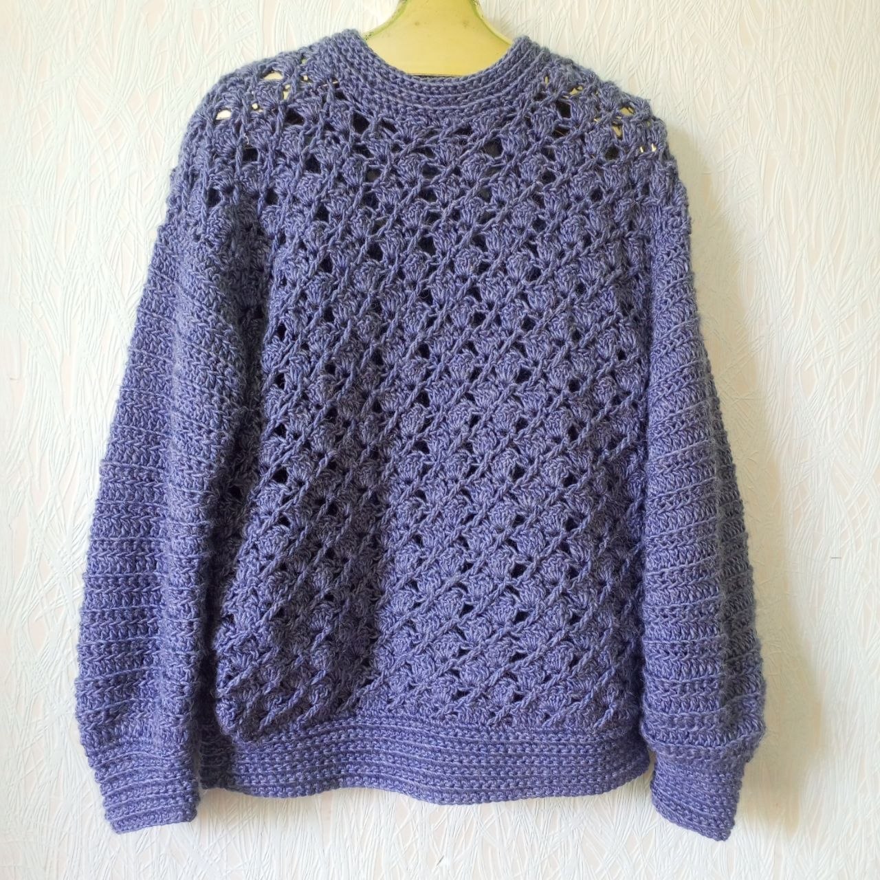Blue Oversized Crochet Sweater – Handmade Wool Jumper | Boho Lace Knit Pullover | Chunky Winter Sweater
