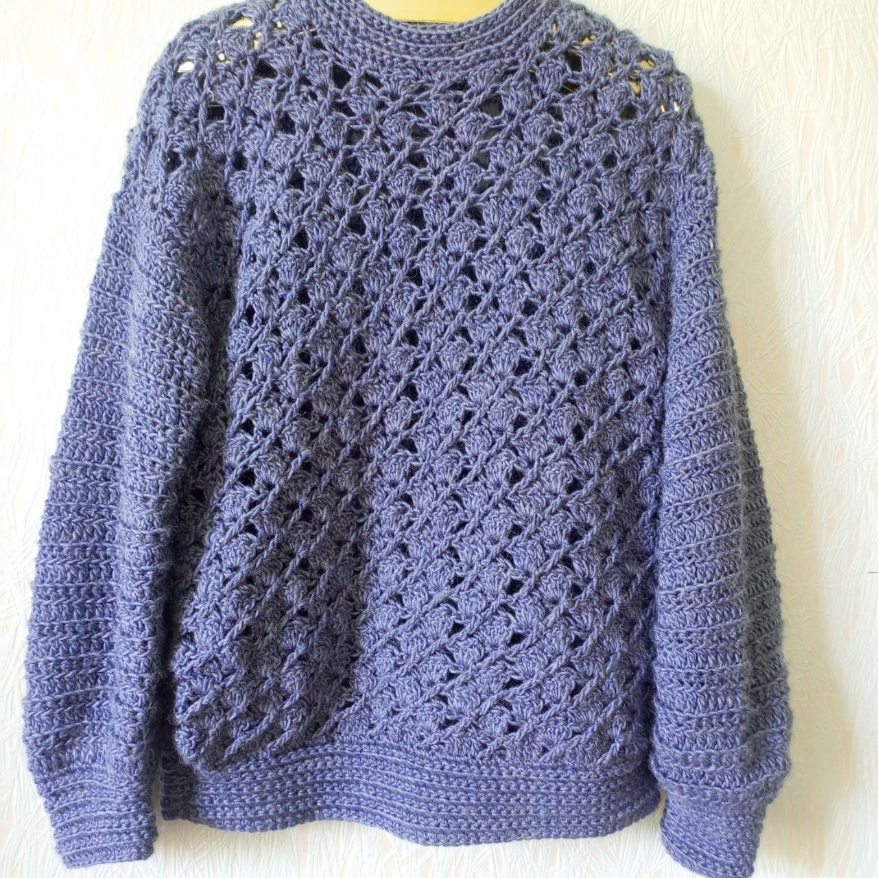Blue Oversized Crochet Sweater – Handmade Wool Jumper | Boho Lace Knit Pullover | Chunky Winter Sweater